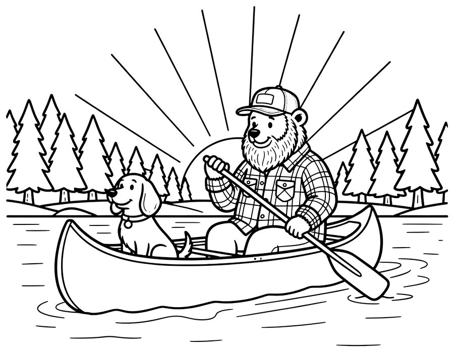 Coloring page: Hank and Biscuit canoeing on a lake at sunrise