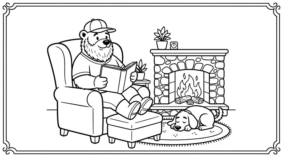 Coloring page: Hank reading in an armchair by the fireplace while Biscuit naps
