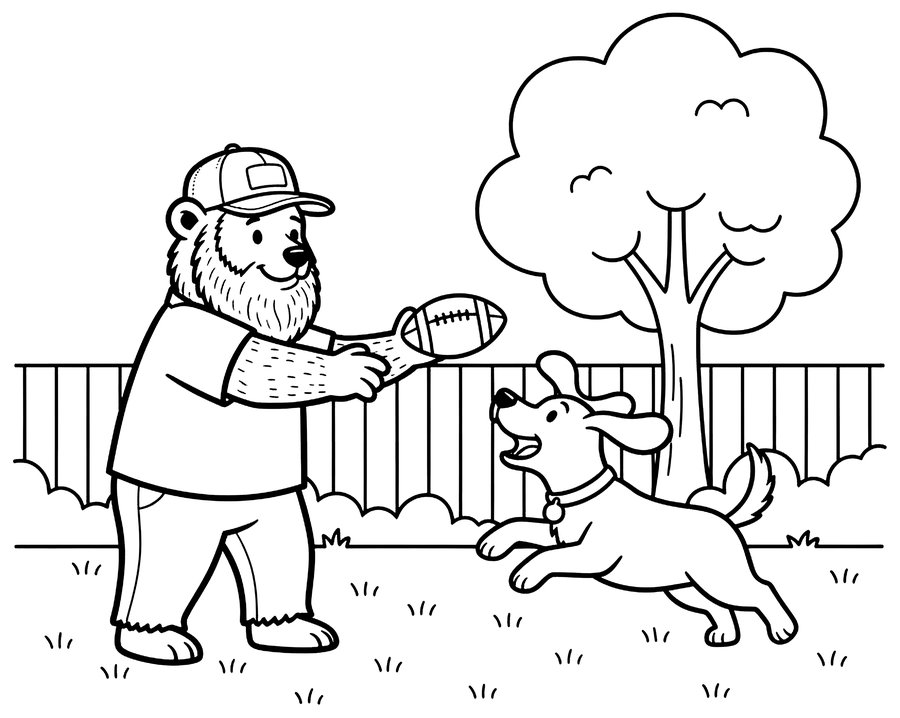 Coloring page: Hank tossing a football to Biscuit in the backyard