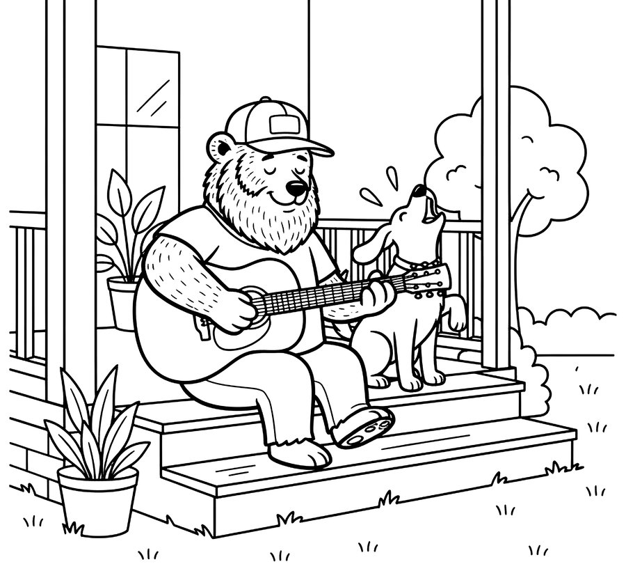 Coloring page: Hank playing guitar on the porch steps with Biscuit howling along